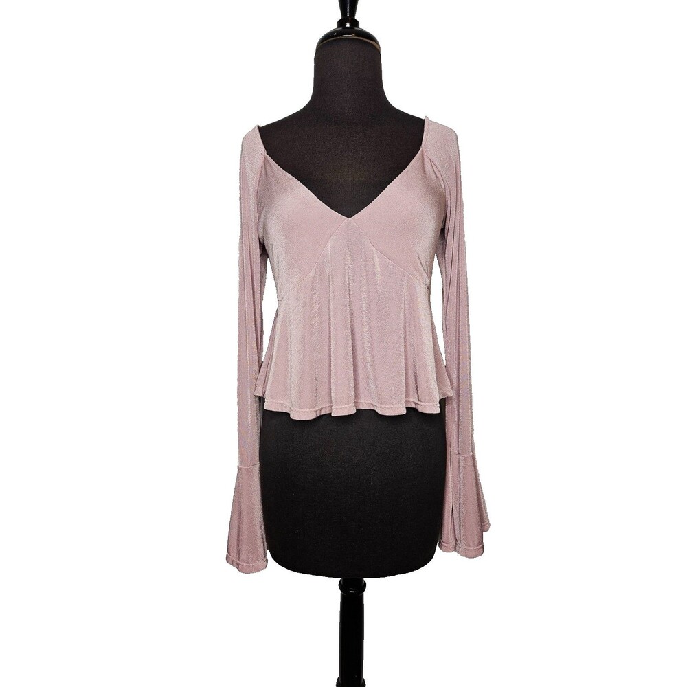 FREE PEOPLE V-Neck Bell Sleeve Top Medium Boho Cropped Purple Blouse Babydoll